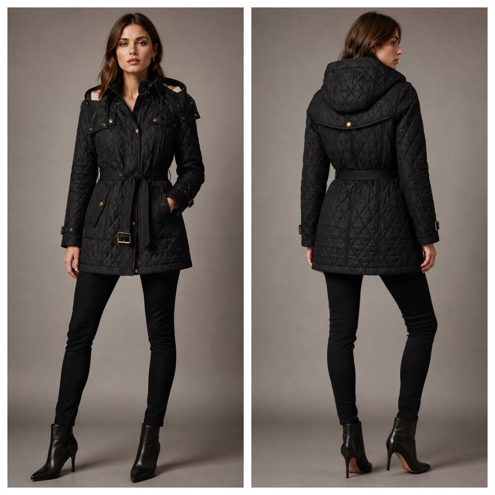 Burberry Brit Finsbridge Quilted Black Coat Medium Belted Hooded Jacket